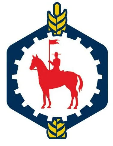 Fort Saskatchewan emblem: a red Mountie on horseback inside a gear, framed by wheat