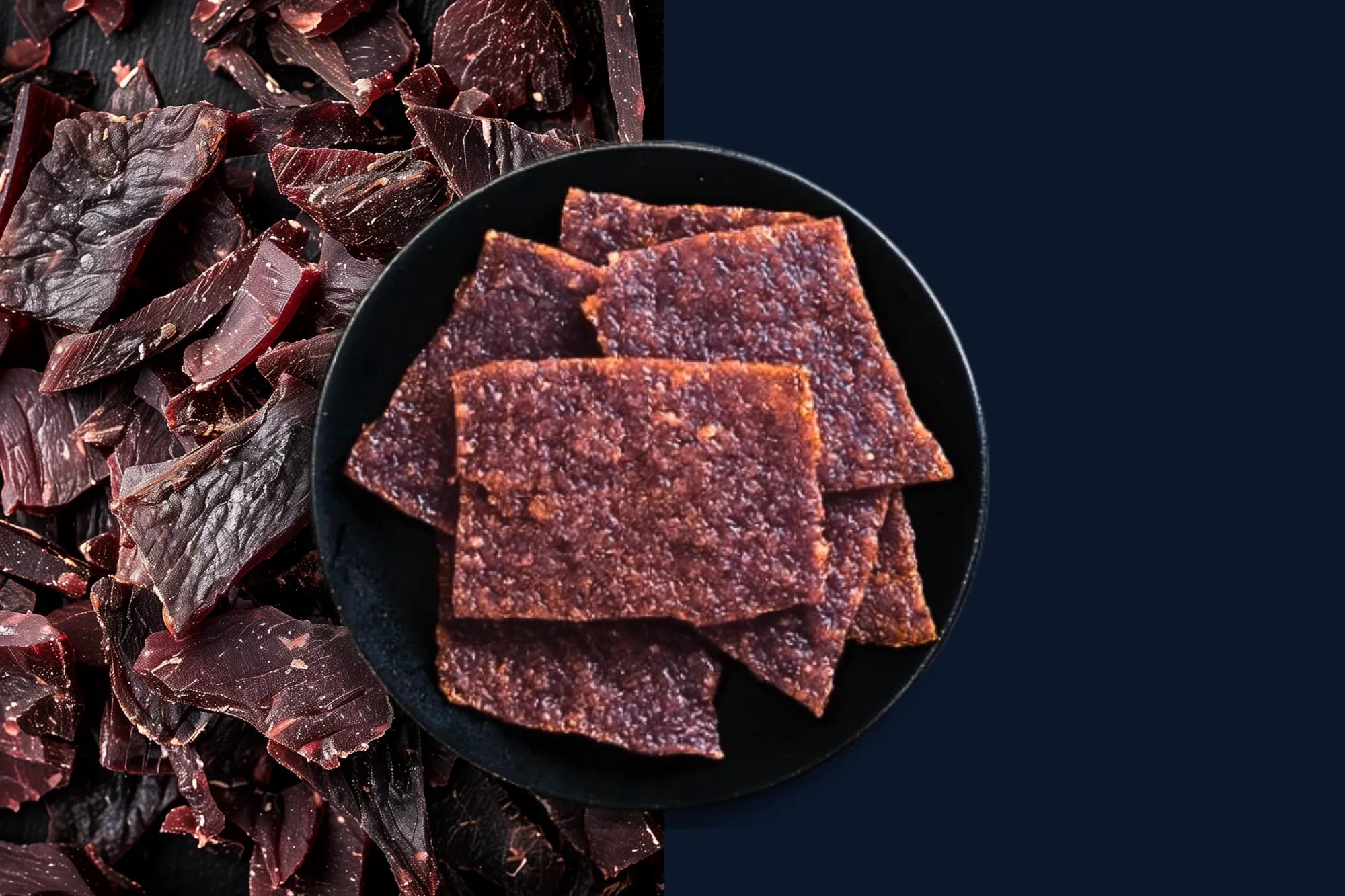 Strips of smoked beef jerky spread across a wooden cutting board