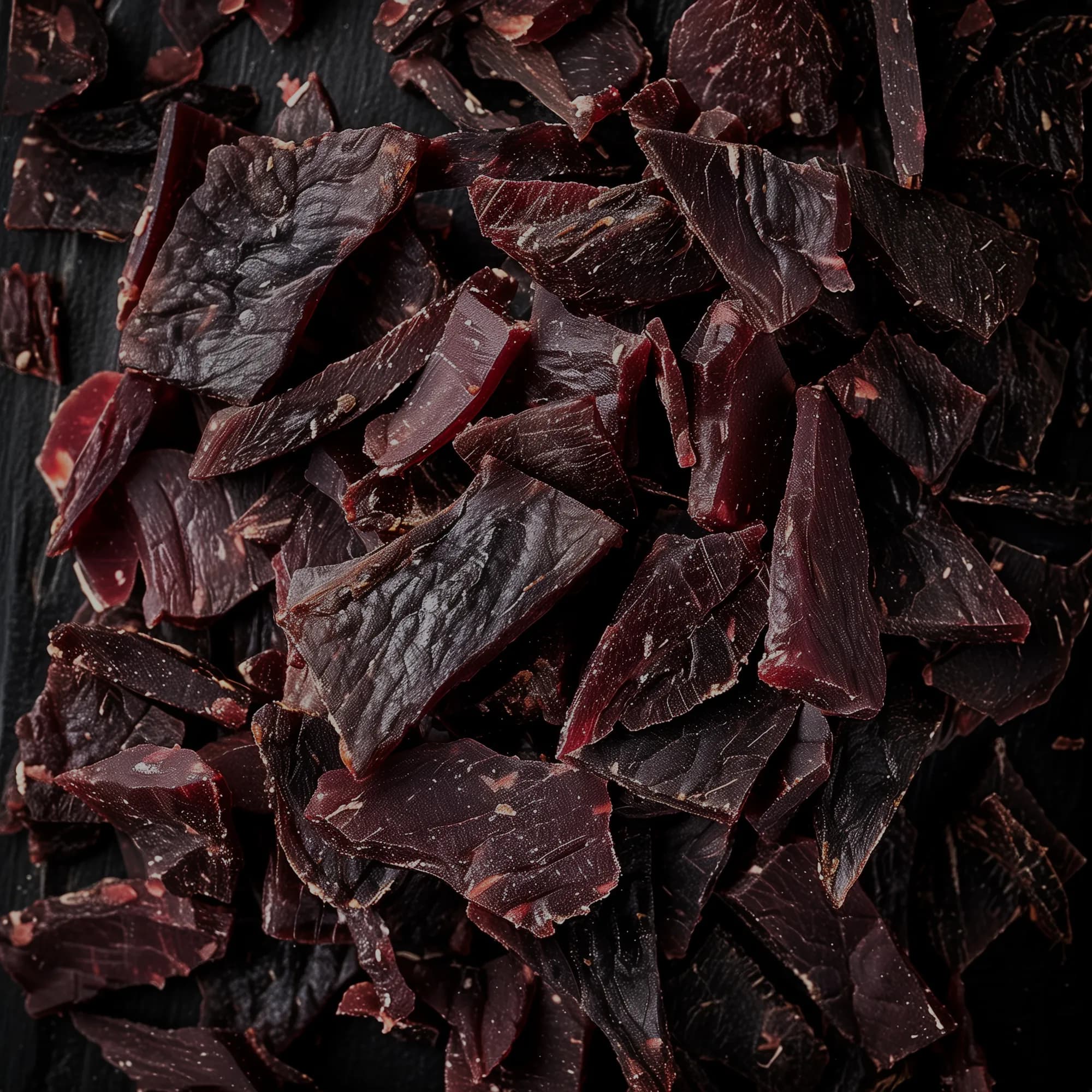 Overhead view of a pile of dark smoked beef jerky pieces on a black board