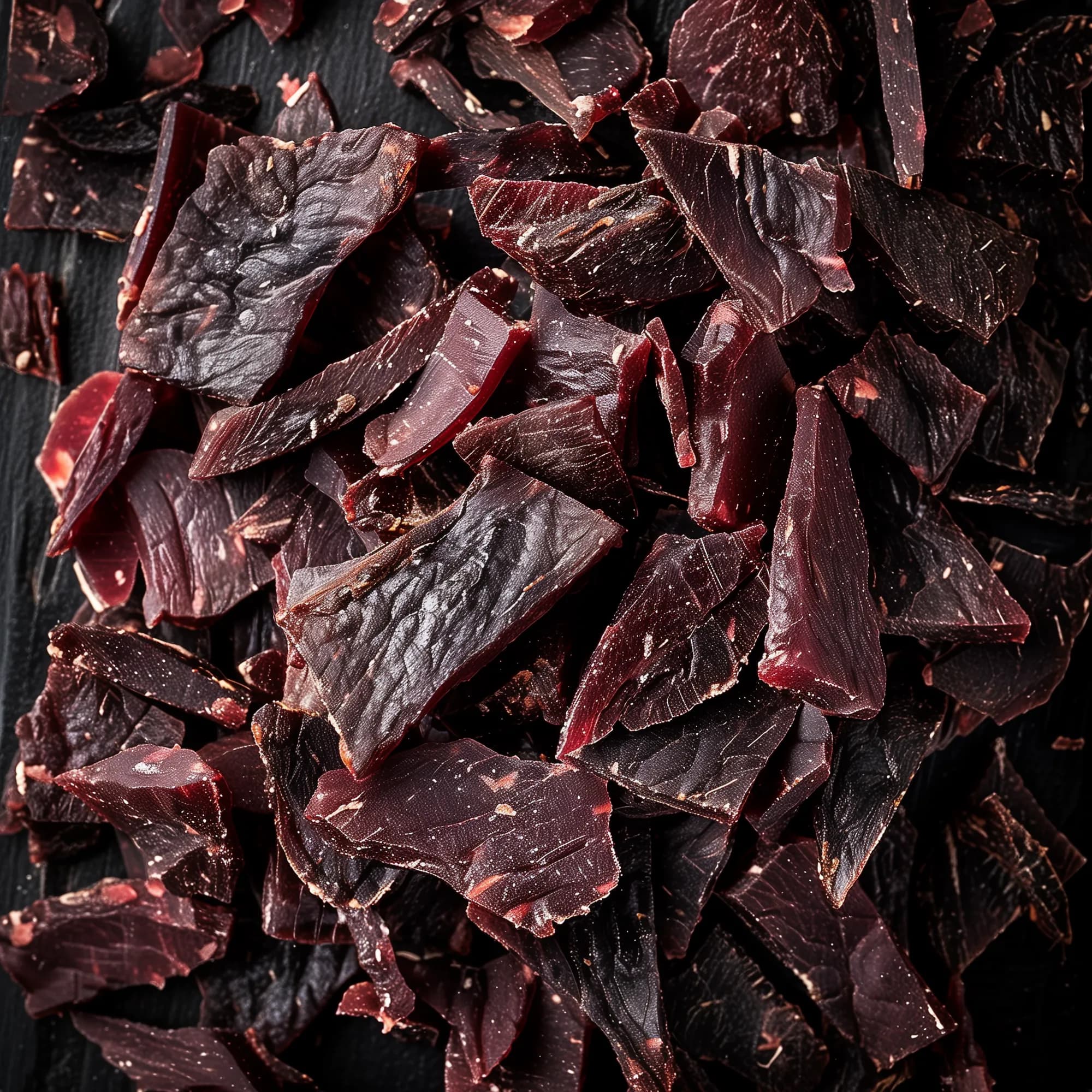 Overhead view of a heap of dark smoked beef jerky pieces